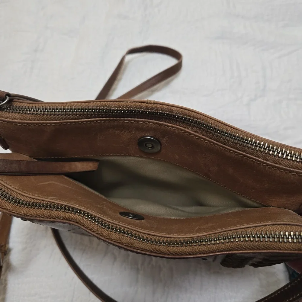 Lucky Brand Brown Leather Crossbody Bag Braided Studded Boho Triple‎ Compartment